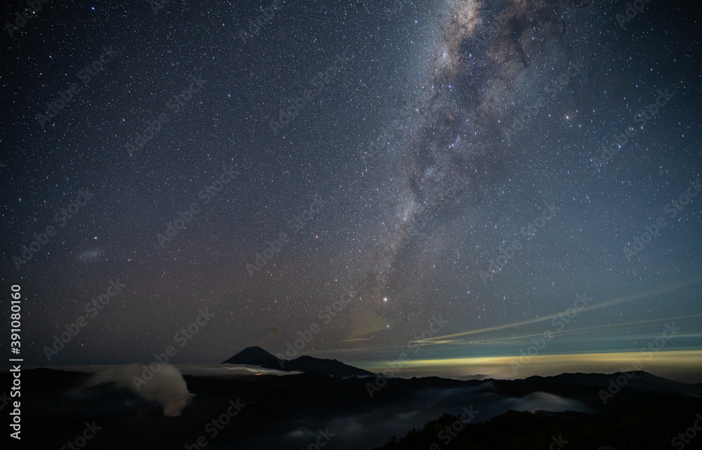 Star and Milky way over Bromo active volcano in Bromo Tengger Semeru National Park,  East Java, Indonesia