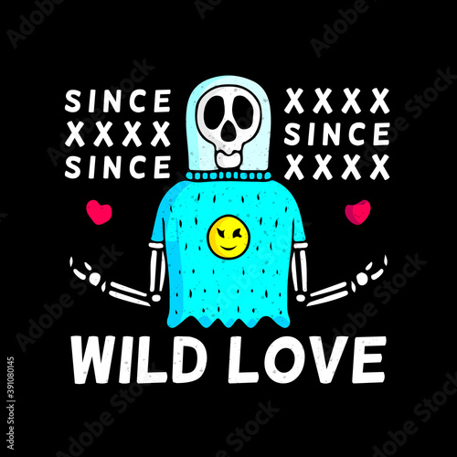 Skull in hype style with love, illustration for t shirt, poster, logo, sticker, or apparel merchandise.