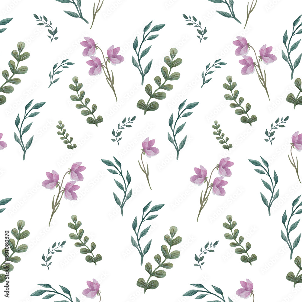 Watercolor twigs pattern. Seamless floral texture with branches and leaves. For printing on fabric and paper