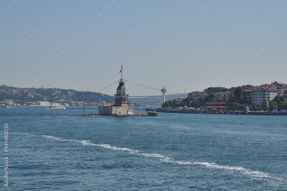 View of the Bosphorus and Maiden's Tower, Uskudar, Istanbul, Turkey, July 2018 