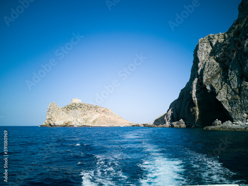 The little island of Marettimo in Sicily seen from a boat. Here the detail of "Punta Troia" and its old castle