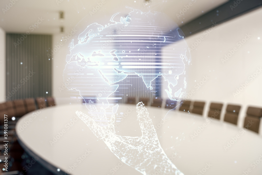 Multi exposure of abstract creative digital world map hologram on a modern conference room background, tourism and traveling concept