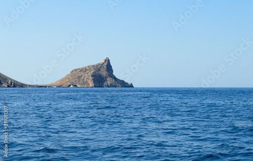 The little island of Marettimo in Sicily seen from a boat. Here the detail of "Punta Troia" and its old castle
