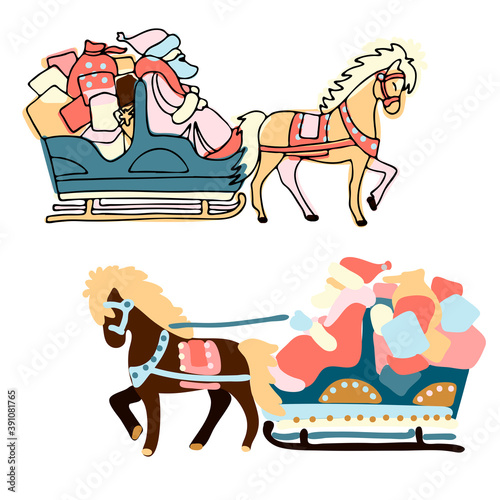 Isolated colorful set of design illustrations of Christmas sleigh with horse and Santa