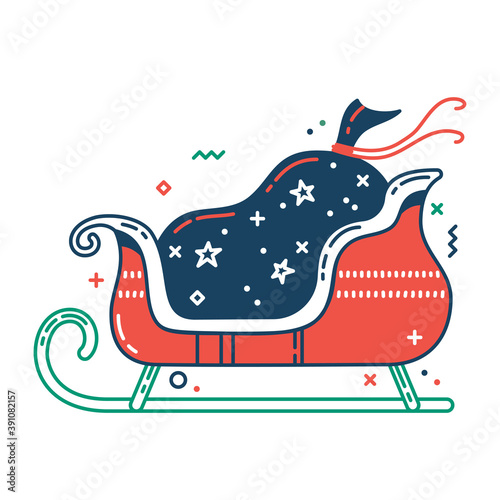 Santa sleigh with gift sack color flat icon. Thin line and fill pictogram. Isolated vector illustration with contour. Editable stroke. Pixel perfect