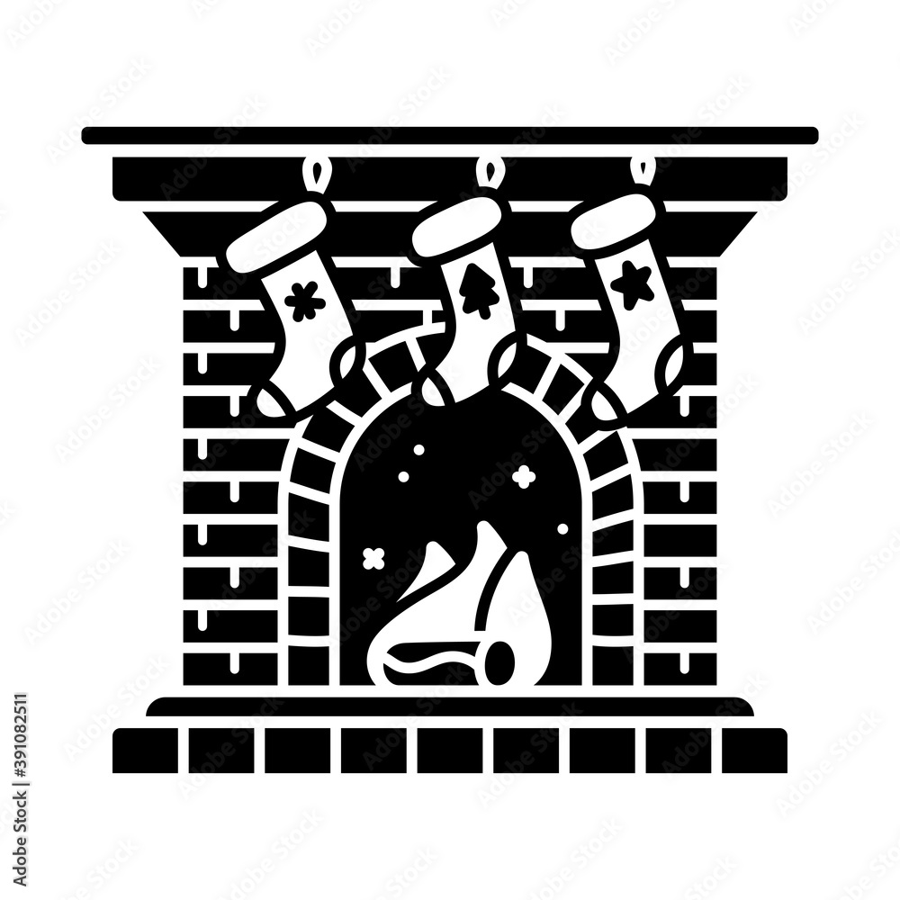 Fireplace with Santa socks black glyph icon. Silhouette on white background. Flat pictogram. Vector isolated illustration. Duotone solid symbol. Negative space. Pixel perfect Fireplace with Santa socks black glyph icon. Silhouette on white background. Flat pictogram. Vector isolated illustration. Duotone solid symbol. Negative space. Pixel perfect