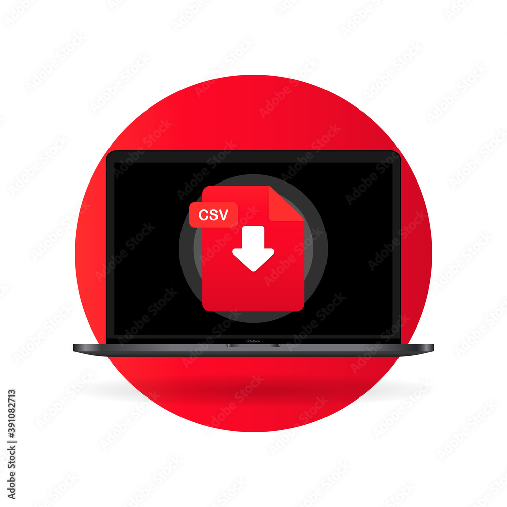 Obraz premium Laptop and download CSV file icon. Document downloading concept. CSV label and down arrow sign. Vector on isolated background. EPS 10