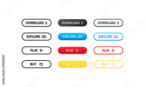 Colorful download, explore, play and buy buttons for websites. Vector on isolated white background. EPS 10