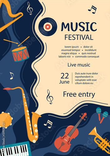 Music festival invitation. Musical flyer, poster template. Musical instruments and vinyl record. Guitar, synthesizer, violin, cello, drum, cymbals, saxophone, tambourine, harp. Vector illustration.