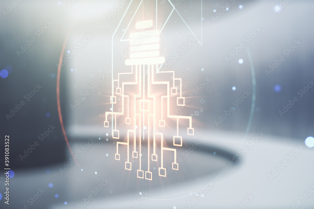 Virtual creative idea concept with light bulb and microcircuit illustration on empty corporate office background. Neural networks and machine learning concept. Multiexposure