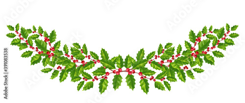 Wreath / garland of holly branches with green leaves and red berries. Isolated