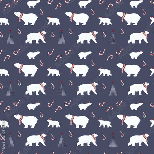 Fototapeta Naklejka Na Ścianę i Meble -  a beautiful new year's seamless pattern for the coming 2021. image of polar bears sweets and branches of Christmas trees. EPS 10