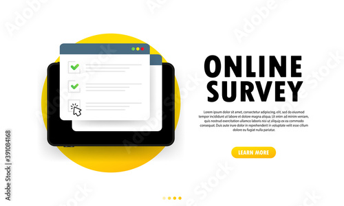Online survey illustration. Check list online form on tablet. Report on website or web internet survey. Browser window with check marks. Vector on isolated white background. EPS 10
