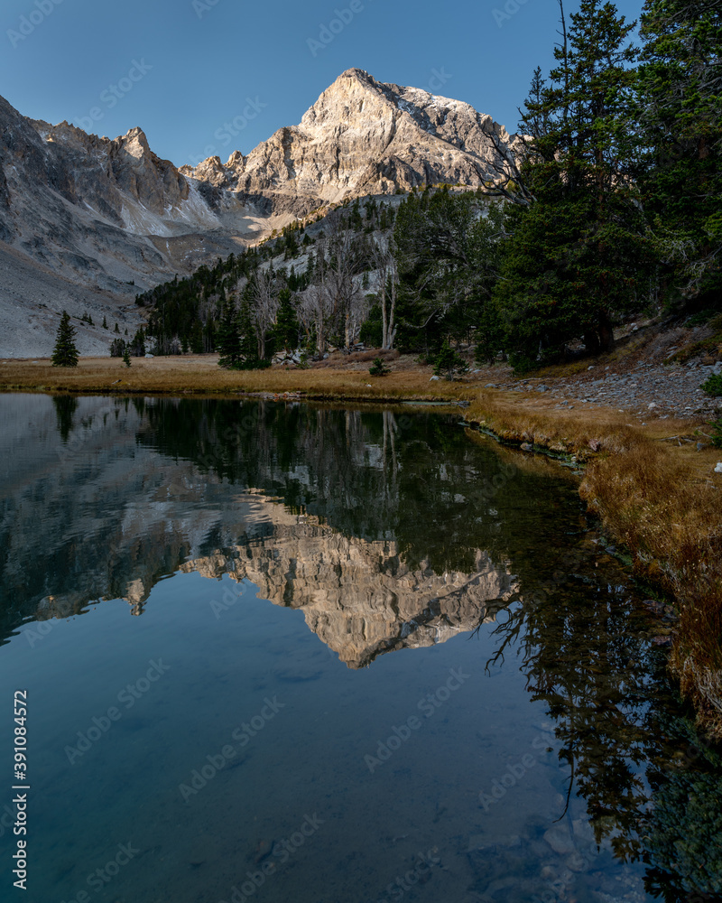 Beautiful mountain reflection of Mount Idaho in a lake