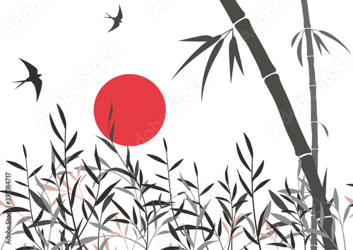 Sumi-e, u-sin or go-hua oriental art stylization of ink painting. Vector background with red moon, ink bamboo stems and leaves, willow branches and two swallows in the sky.