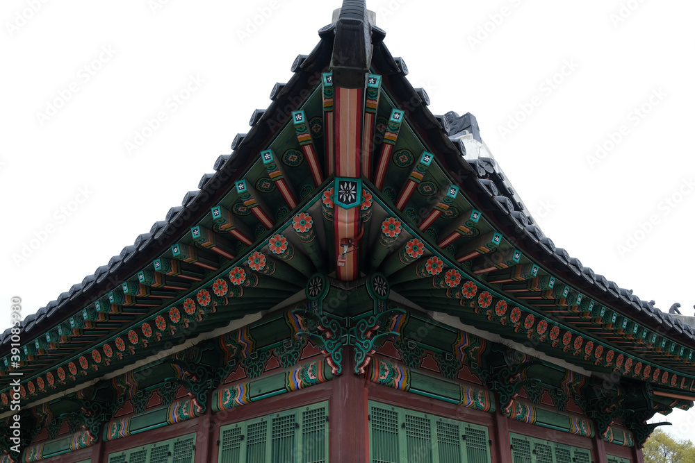 focus on the beautiful architecture of the ancient palace roof in Seoul, South Korea