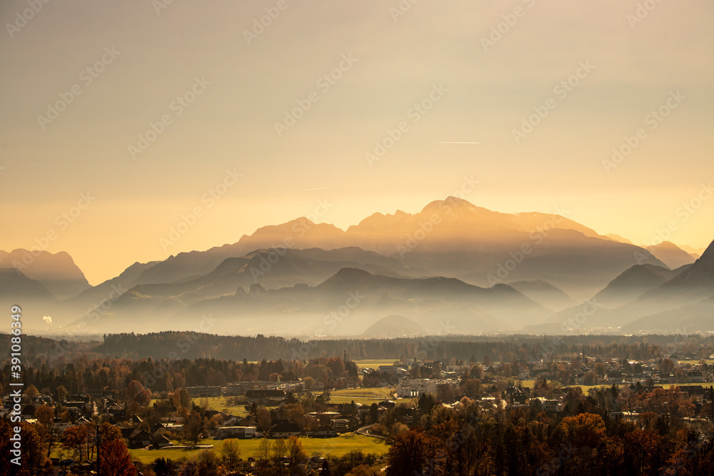 Silhouette of mountains chain in the evening, Austria
