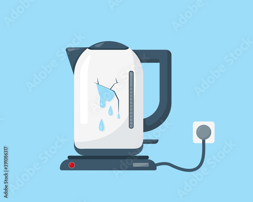 Broken white kettle with leaky water.
