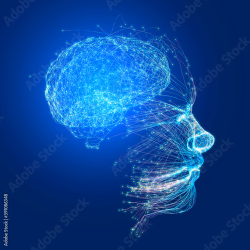 Fototapeta Naklejka Na Ścianę i Meble -  Neurology, philosophy: connections, the development of thought and reflection, the infinite possibilities of the brain and mind. Human anatomy. Digital reality, artificial consciousness. 3d render