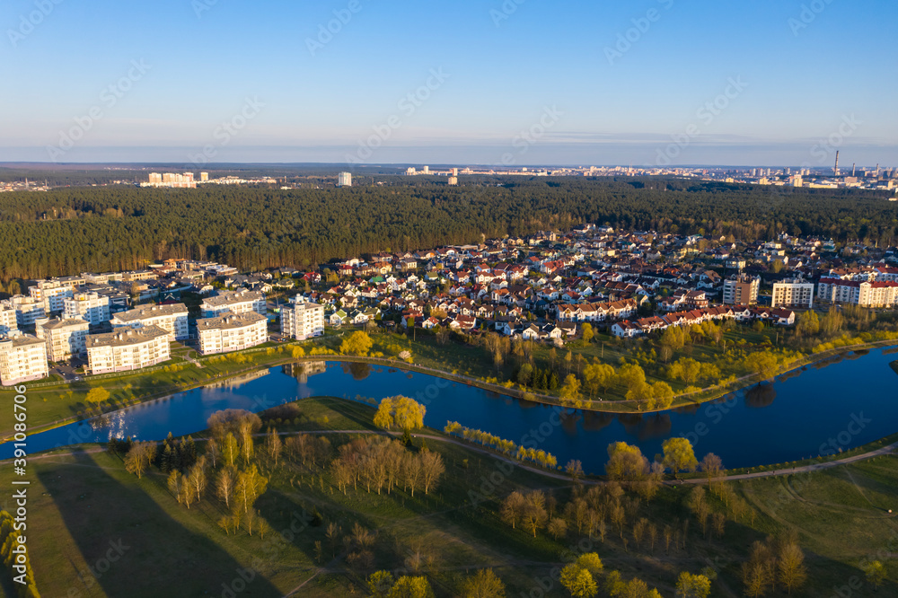 Aerial bird-eye view cityscape in Minsk
