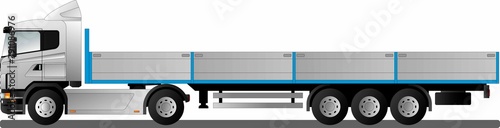 An image of a modern European truck with an open semitrailer. Flat style line art illustration.