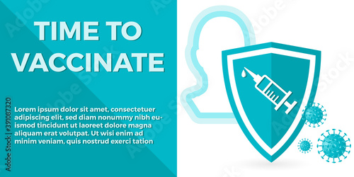 Broschüre zur Impfung - Time to vaccinate - Schutzschild, Kopf, Spritze, Coronavirus
