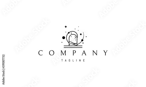 Vector logo on which an abstract image of a portal to other worlds on the background of stars and planets.