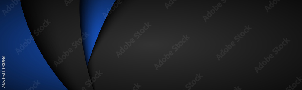 Abstract black and blue wavy header. Modern corporate desing banner. Overlap sheets of paper layers