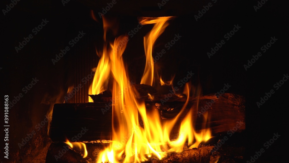 Close-up view of flames in the fireplace.