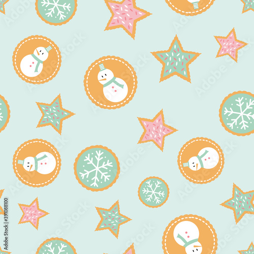 Seamless pattern of winter holiday cookies with snowmen, snowflakes, and stars a mint green background.