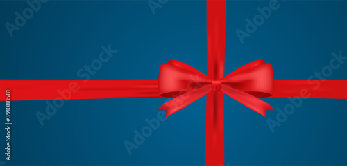 Realistic Red bow and horizontal ribbon shiny satin for decoration gifts, greetings, holidays. Christmas holiday. Gift background. Stock vector illustration isolated on blue background.