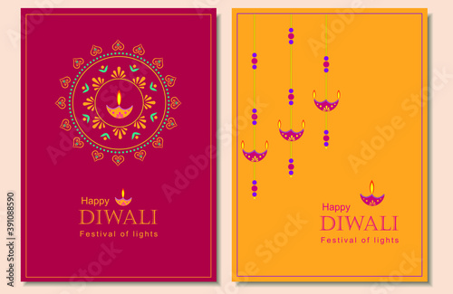 Set of two greeting cards for Diwali- Festival of lights. 