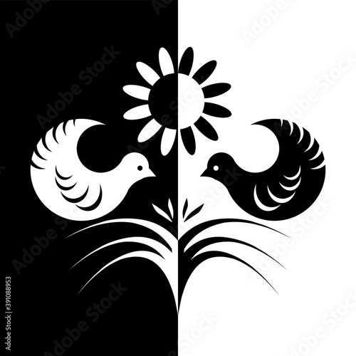 Black and white silhouette of birds and flower.