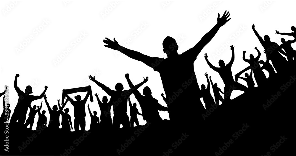Crowd of fans. Happy people have fun celebrating. Thumbs up. Group of friends.A crowd of cheerful people at a party, holiday.The applause of the people, hands up.Silhouette Of A Vector Illustration
