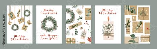 Set of different christmas cards, invitation. Presents in kraft paper, candles and wreaths. Rustic gift box. Eco decoration. Xmas and New 2021 Year celebration preparation. Vector flat cartoon style