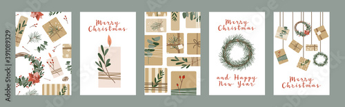 Set of different christmas cards, invitation. Presents in kraft paper, candles and wreaths. Rustic gift box. Eco decoration. Xmas and New 2021 Year celebration preparation. Vector flat cartoon style