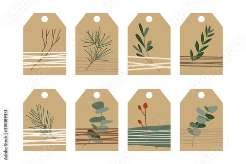 Set of different christmas tags, labels. Rustic gift box. Eco decoration, eucalyptus and spruce. Xmas and New 2021 Year celebration preparation. Vector flat cartoon style