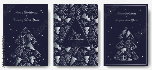 Colored christmas party invitation, banner, poster or postcard with forest silhouette for the new year holiday. Winter illustration of spruce tree for december design