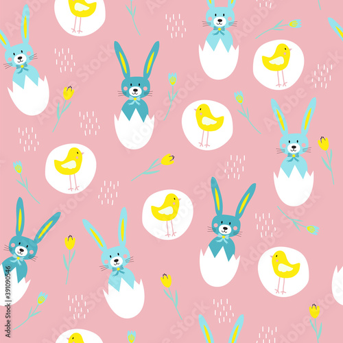 Easter bunnies jumping out of broken egg, chickens, and flowers on a pink background seamless pattern print