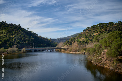 Alberche river with bridge in spring