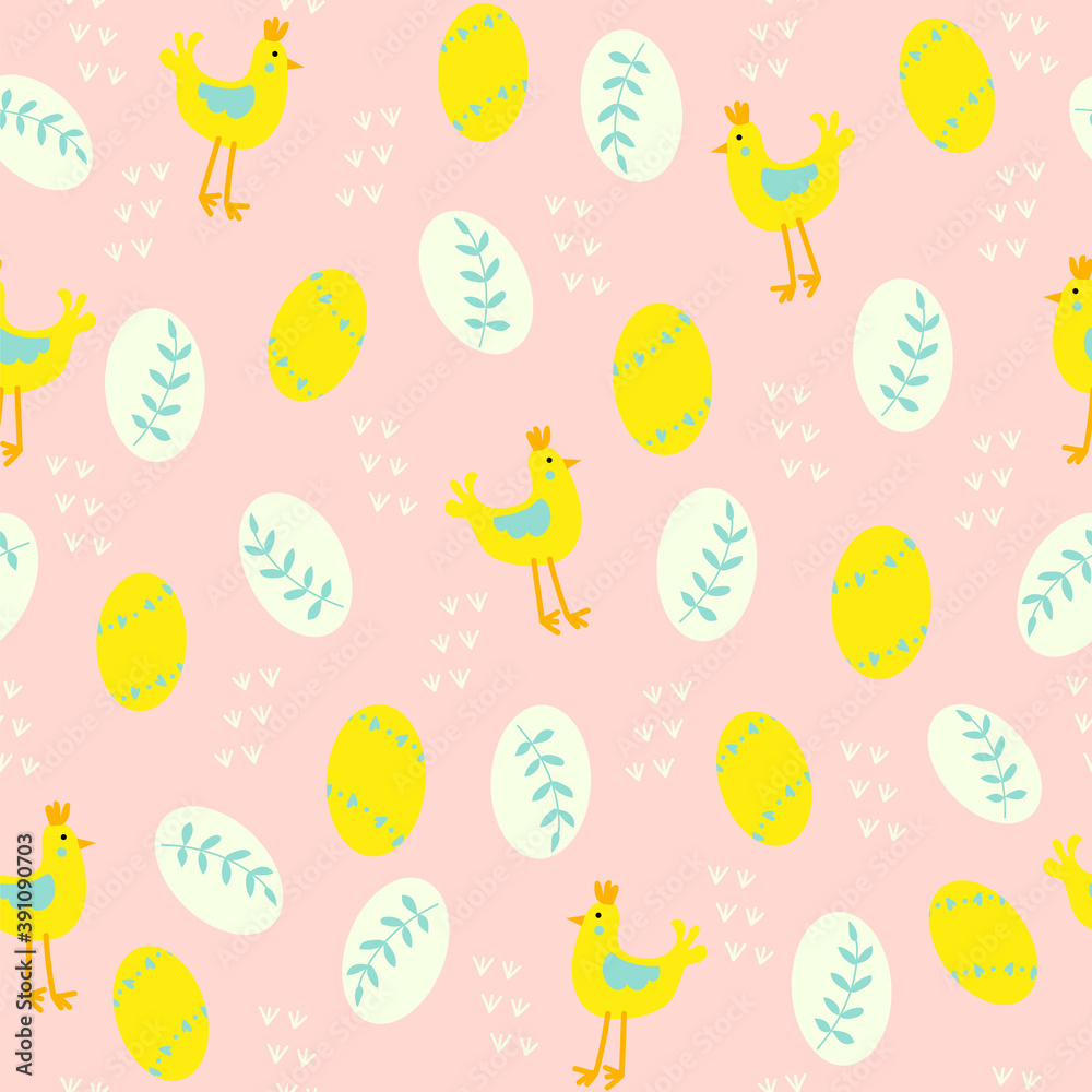 Mini yellow and cream easter eggs and chickens seamless pattern on a soft pink background