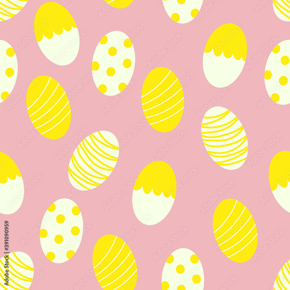 Seamless Pattern of Easter Eggs with Dots and Stripes on a pink Background Seamless Pattern of Easter Eggs with Dots and Stripes on a pink Background