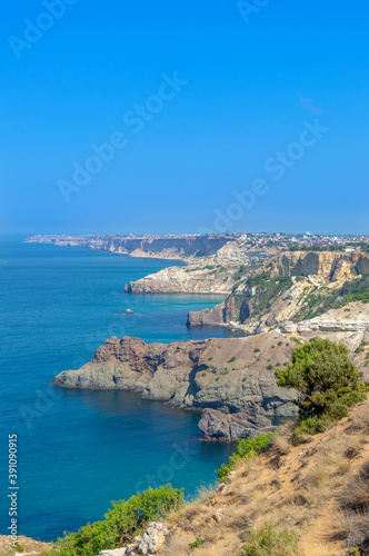 Beautiful sea coast with turquoise water and rocks in Fiolent Cape, Crimea. Summer seascape, famous travel destination © Григорий Стоякин