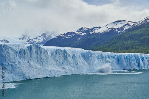 Blue ice of calving Perito Moreno Glacier in Glaciers national park in Patagonia, Argentina with turquoise water of Lago Argentino in the foreground, dark green forests and snow covered mountains © Jens
