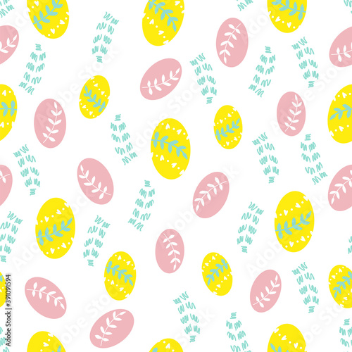 Mini easter eggs with leaves seamless pattern on a white background
