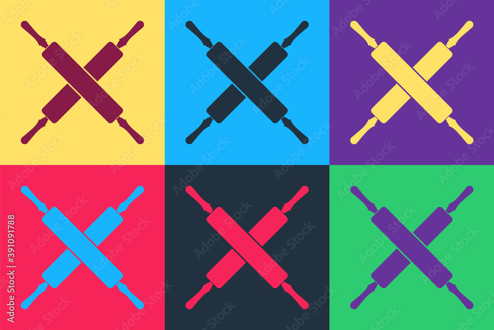 Pop art Crossed rolling pins icon isolated on color background. Kitchen utensils and equipment. Vector. Pop art Crossed rolling pins icon isolated on color background. Kitchen utensils and equipment. Vector.