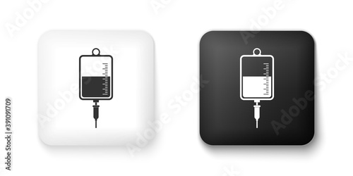 Black and white IV bag icon isolated on white background. Blood bag icon. Donate blood concept. The concept of treatment and therapy, chemotherapy. Square button. Vector.
