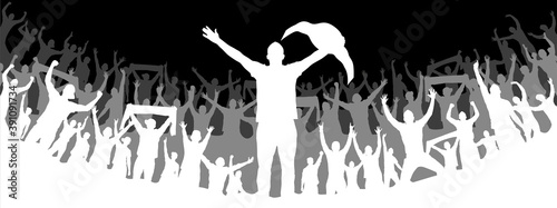 Abstract silhouette of a boxer-fighter on a white background. A crowd of fans, extras. The boxer is the winner. Convenient organization of the eps file. Vector illustration. Thank you for watching