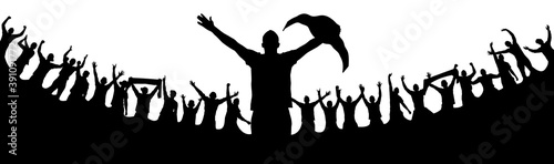 Abstract silhouette of a boxer-fighter on a white background. A crowd of fans, extras. The boxer is the winner. Convenient organization of the eps file. Vector illustration. Thank you for watching