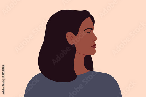 Strong Black woman portrait side view. Confident African American business female with black middle hair. Vector illustration